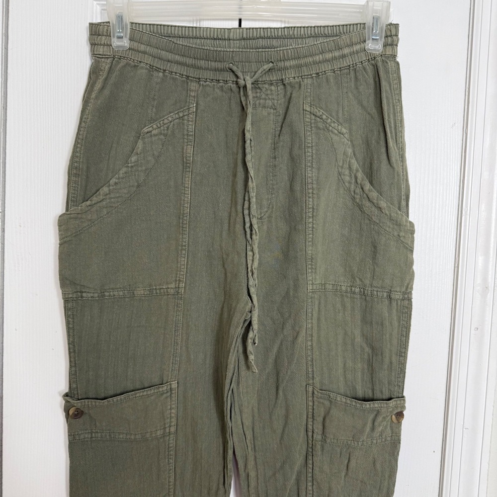 Free People Feel Good Linen Cargo Joggers XS Green Utility Gorpcore Boho Pants - Picture 3 of 11